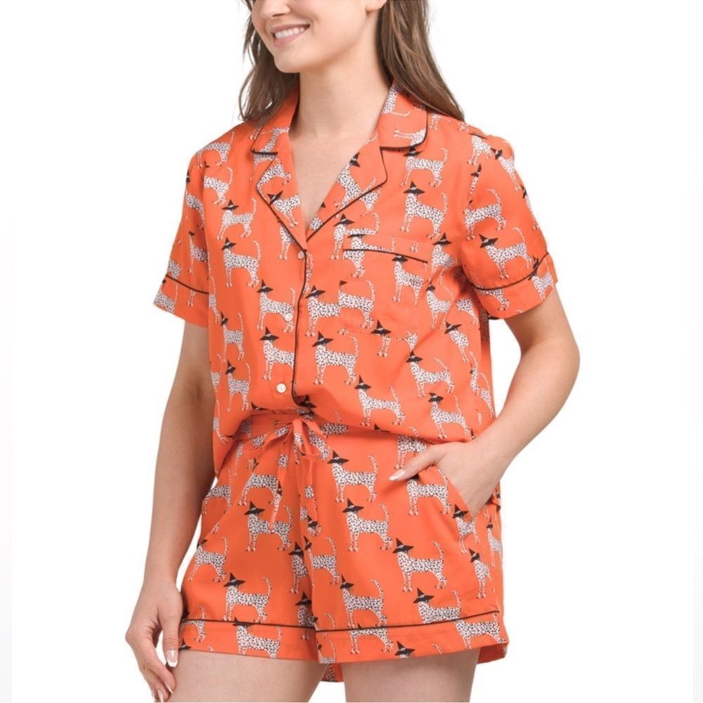 Bouffants & Broken Hearts Orange White Black Leopard Print Notch Shorty PJ Set